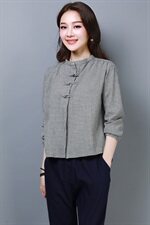 原创轻奢真值典雅文艺盘扣棉麻上衣短袖显瘦亚麻T恤民族风夏装，女装衬衫，奕阳依阁