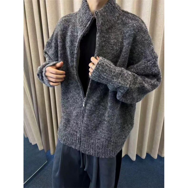 秋冬复古百搭耐脏宽松深灰拉链毛衣外套立领保暖针织衫ZZS108P75,男装针织衫/毛衣,电商D256-3(原A064-3)