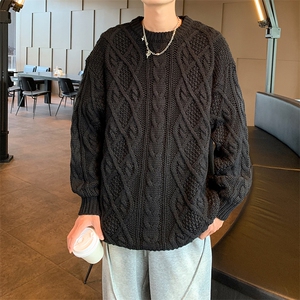 秋冬季麻花圆领毛衣男款宽松慵懒风加厚保暖潮牌针织衫图片