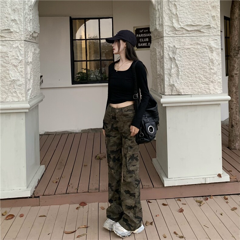 美式复古迷彩修身工装裤男女大码直筒显瘦微喇裤长裤子L17577-p60,男装牛仔裤,星座1008