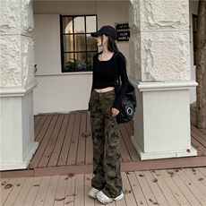 美式复古迷彩修身工装裤男女大码直筒显瘦微喇裤长裤子L17577-p60，男装牛仔裤，星座1008