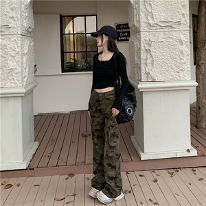 美式复古迷彩修身工装裤男女大码直筒显瘦微喇裤长裤子L17577-p60图片