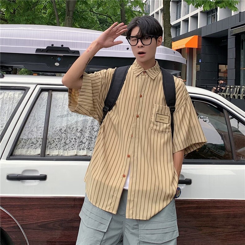 W432-P25日系复古条纹衬衫五分袖夏季休闲宽松时尚翻领衬衣,男装T恤,星座911-1