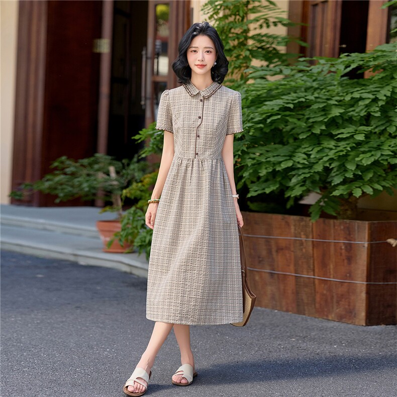 学院风格纹连衣裙女春夏收腰显瘦中长裙格子裙子,女装连衣裙,水衣源