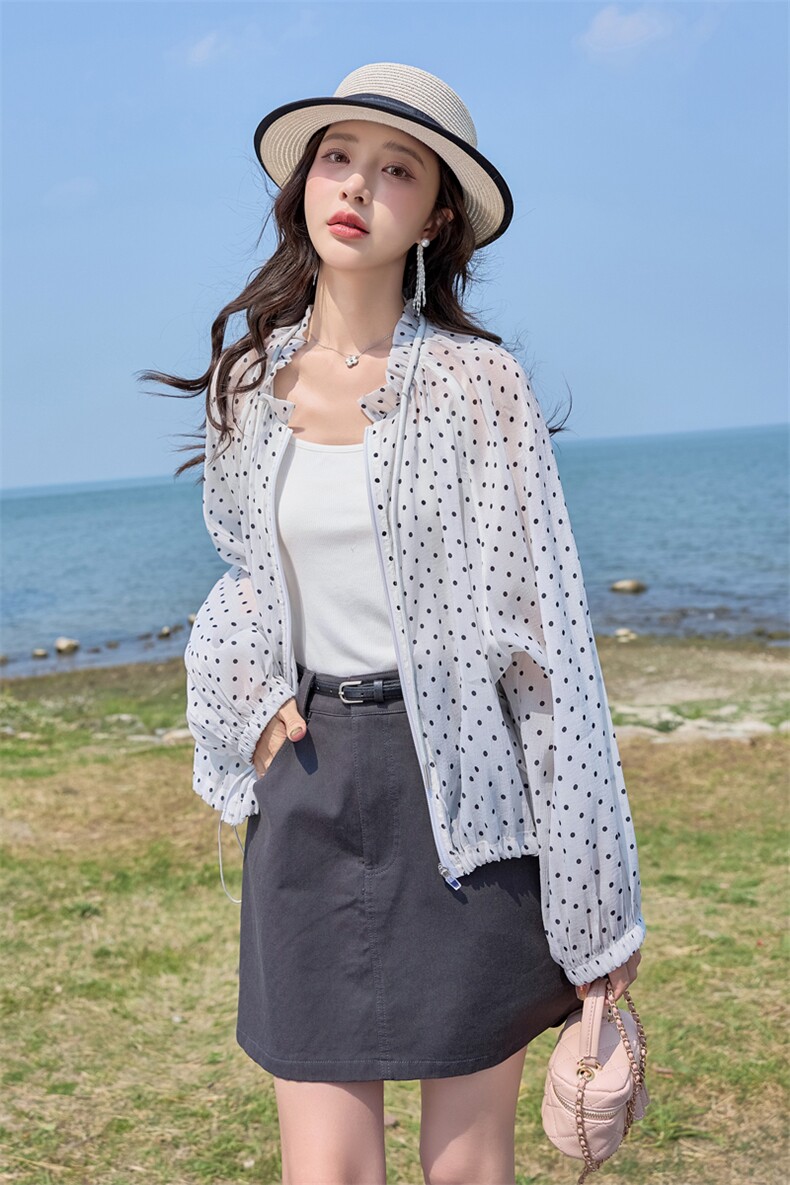 2025年夏季新款韩版圆领花边抽绳时尚波点防晒外套轻薄舒适,女装短外套,1C080