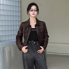现货欧洲站2024春秋季新款欧货仿绵羊皮皮衣宽松短款夹克外套女，女装皮衣，江南女神