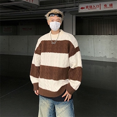 撞色条纹毛衣男秋冬日系打底慵懒针织衫宽松线衣外套M1683-P50，男装针织衫/毛衣，星座512-4