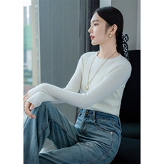 气质高级感时尚百搭拼接抽条圆领羊毛衫，女装羊毛衫，百越羊绒
