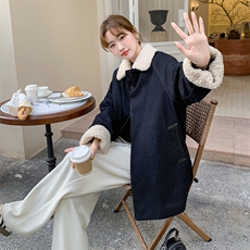 现货白鸭绒羊羔毛翻领拼接牛仔中长款羽绒服2C239-H32-P260-K398，女装羽绒服，2C239