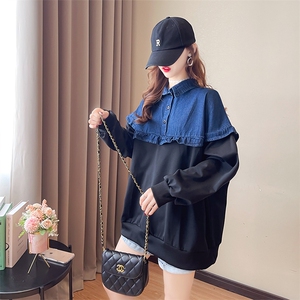 S3708韩版宽松插肩牛仔布POLO领大码女装薄款卫衣女P58图片