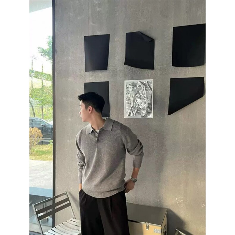 轻熟风简约宽松复古翻领纯色针织毛衣外套纹理感上衣PL138/P75,男装针织衫/毛衣,电商A243