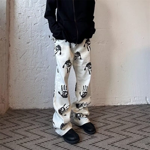 2026水墨手掌印花白色牛仔裤高街hiphop潮炸街长裤K71126-P45网图图片