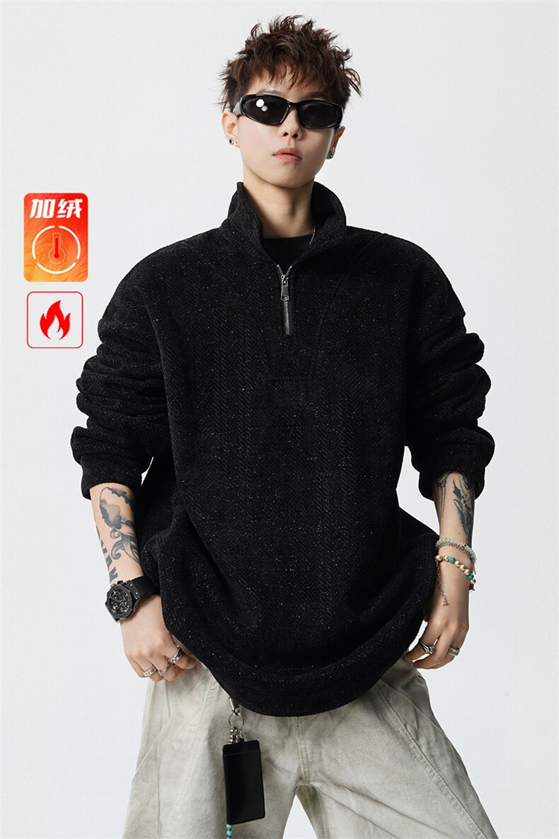 雪尼尔满天星半拉链翻领卫衣大码高级Polo衫外套LW610特P50加绒60,男装Polo衫,电商B215