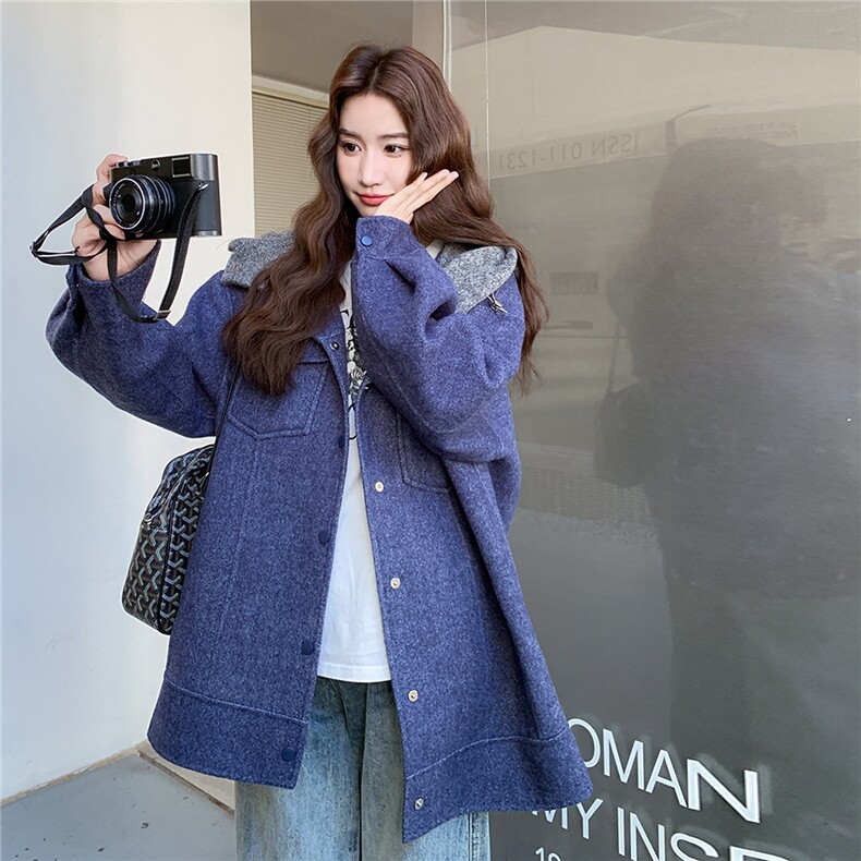 撞色连帽拼接羊毛蓝色毛呢外套女秋冬2025新款小个子流行爆款大衣,女装毛呢外套,2C327