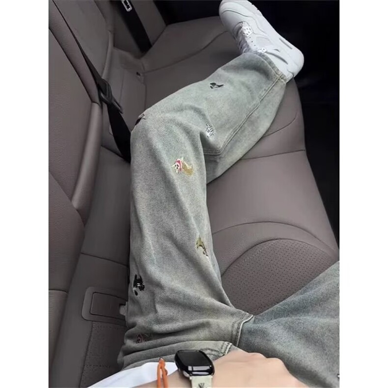潮牌美式小狗刺绣水洗直筒牛仔裤男复古宽松阔腿拖地裤LHW099-p45图片