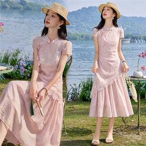 2026新中式改良旗袍连衣裙女夏季复古风立领刺绣假两件中长裙子图片