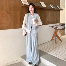 浅蓝色蕾丝拼接马甲阔腿裤套装女夏小香风甜美两件套独特绝美气质，女装套装/套裙，2C037