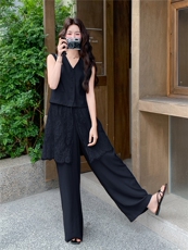 韩系松弛感蕾丝拼接马甲套装女2026夏季新款休闲阔腿裤两件套，女装套装/套裙，冬木谷雨