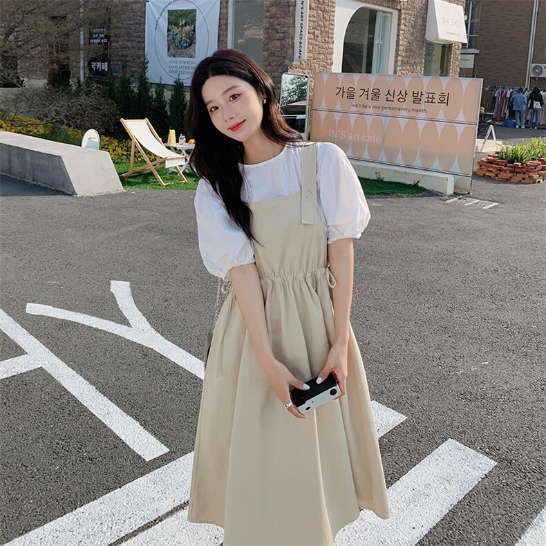 清纯系乖乖妹穿搭背带裙套装女2025夏减龄泡泡袖上衣两件套连衣裙图片
