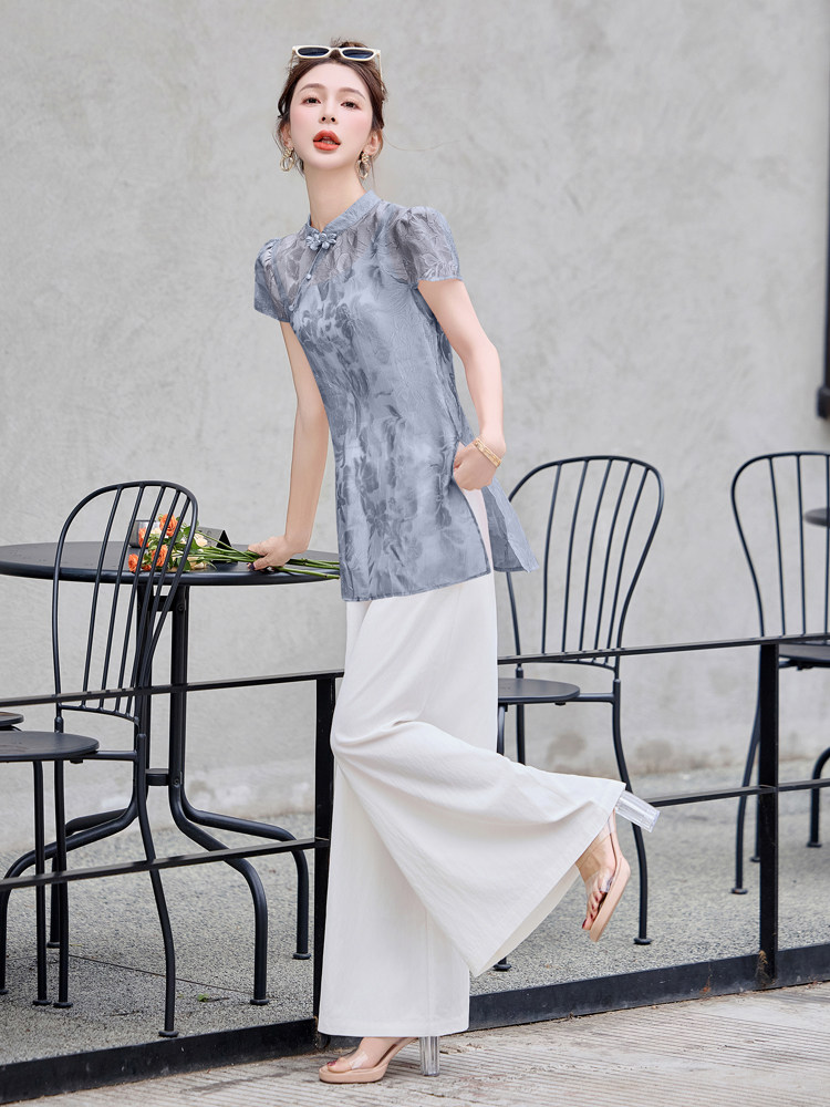 新中式国风粉色碎花衬衫套装裤女夏2025新款高级小众不撞款两件套,女装套装/套裙,曼琳思菲