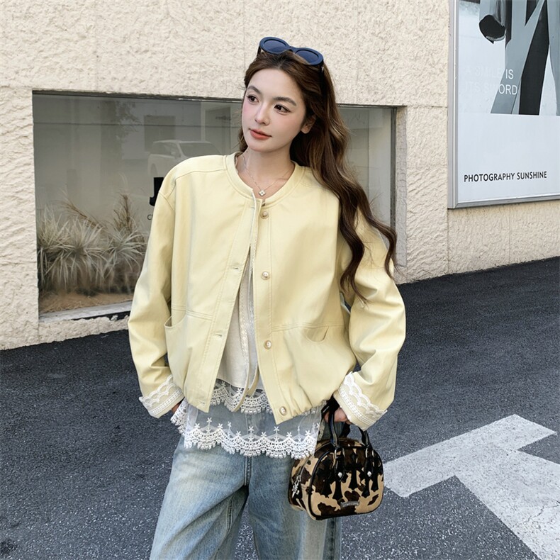 现货--2026年春季新款黄色蕾丝拼接皮外套203-2611-P160-K258,女装皮衣,浙宝203