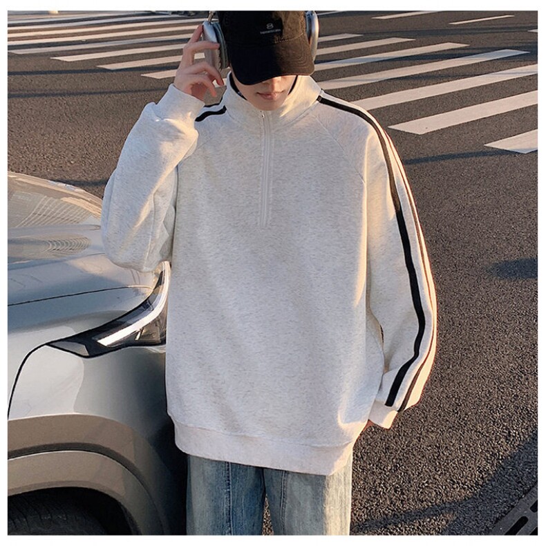 秋季380克全棉宽松条纹拉链套头卫衣立领POLO衫外套AH914-P42图片