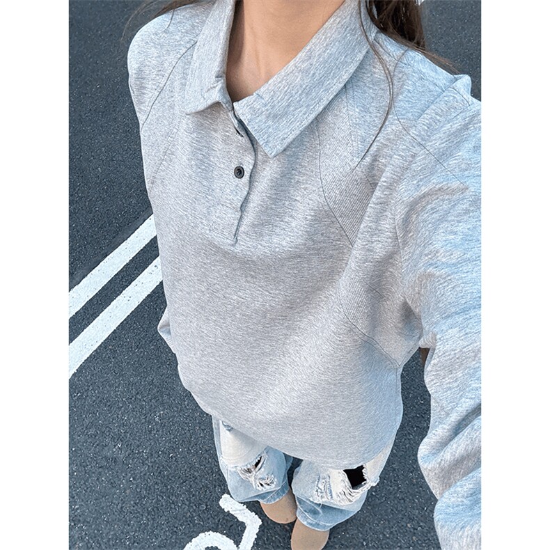 抖音得物高品质美式高街重磅曼巴棉结构螺纹拼接翻领卫衣长袖T恤,男装T恤,电商A486