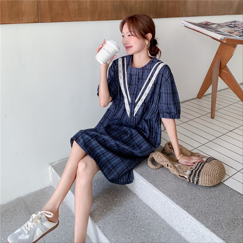 蕾丝拼接蓝色格子连衣裙女夏2025新款森系复古小个子衬衫裙爆款,女装连衣裙,2C323