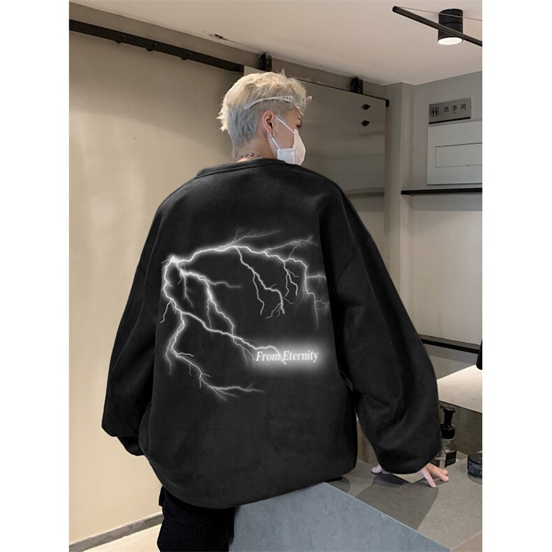 2025秋季新款闪电印花麂皮绒宽松圆领卫衣wyjp5001-特p35控69,男装卫衣,星座605(原A050)