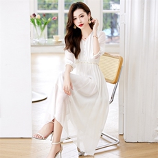 法式高级感杭州重磅白色真丝中袖五分袖连衣裙女夏，女装连衣裙，阿舍尔精品