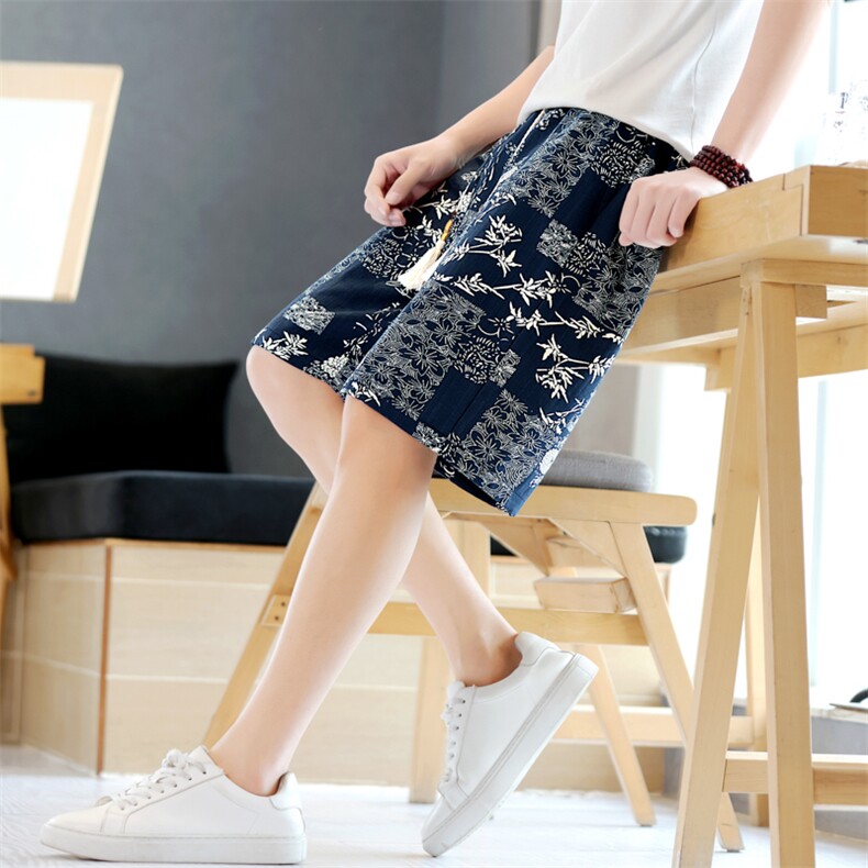 夏季棉麻五分裤男风印花短裤冰丝休闲裤水墨A266-1-KZ773-P40，男装牛仔裤，电商A266-1