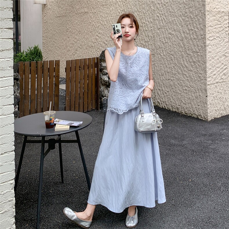 法式灰蓝色蕾丝背心半身裙套装女夏2025新款两件套夏日漂亮巨好看图片