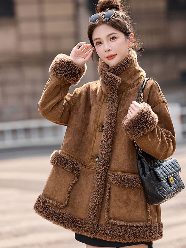 美拉德麂皮绒羊羔毛外套女冬季新款复古宽松加绒加厚立领皮毛一体,女装羊羔毛/颗粒绒,韩蔻秀