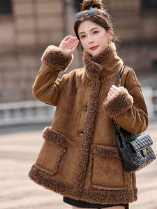 美拉德麂皮绒羊羔毛外套女冬季新款复古宽松加绒加厚立领皮毛一体图片