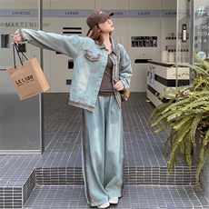 韩系设计感牛仔套装女撞色拼接2025秋季新款设计感上衣长裤两件套，女装套装/套裙，2C283