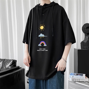 LD54141-P45 连帽短袖t恤男大码胖子带帽五分袖中袖图片