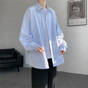 春夏条纹衬衫男长袖薄款痞帅高级感宽松慵懒风大码衬衣CS29003P45图片