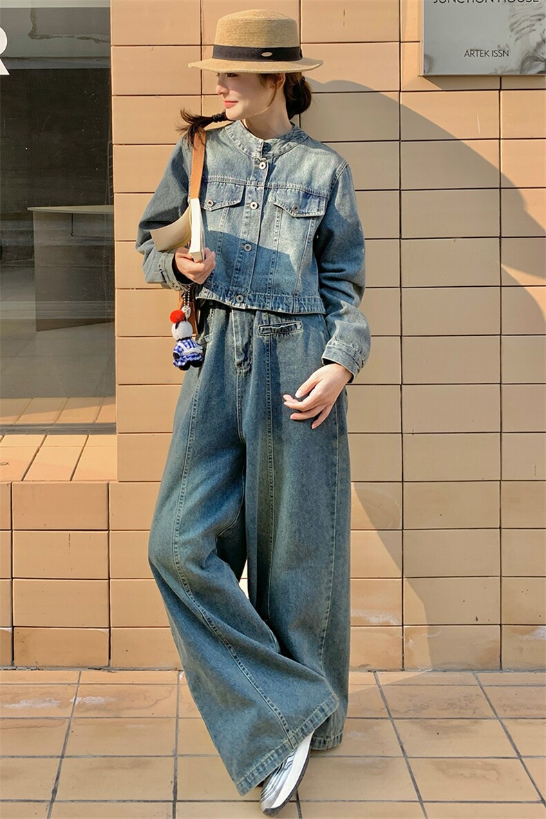 美式炸街牛仔套装女2025年春季新款短款外套高腰直筒阔腿裤两件套,女装套装/套裙,浙宝305