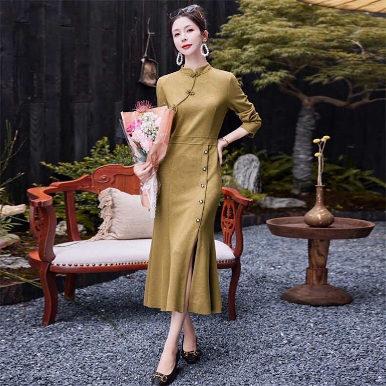 改良旗袍连衣裙女春秋2025新款新中式修身显瘦包臀开叉鱼尾裙,女装连衣裙,水衣源