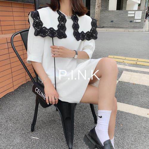 现货夏季新款棉麻彩织短袖西服当季连衣裙，女装连衣裙，PINK