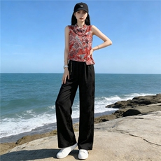 女夏季新款唐装时尚气质套装民族风立领提花无袖上衣阔腿裤两件套，女装套装/套裙，江南