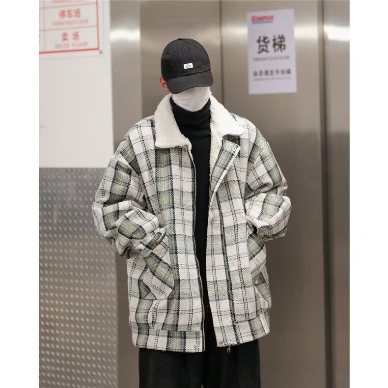 格子羊羔毛棉衣男士冬季加绒加厚潮流棉服外套棉袄TT9018 P68图片