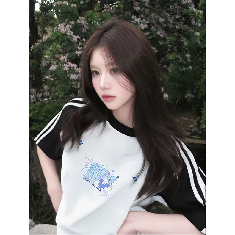 抖音得物品质二开240克宽松纯棉美式潮牌插肩三杠织带短袖T恤图片