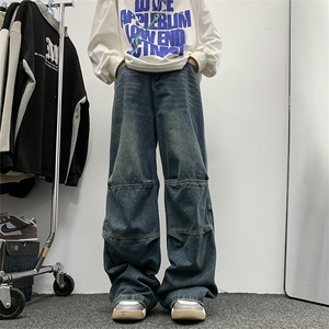 美式复古潮牌宽松直筒休闲裤春季水洗做旧阔腿牛仔裤男 K7531-P43图片