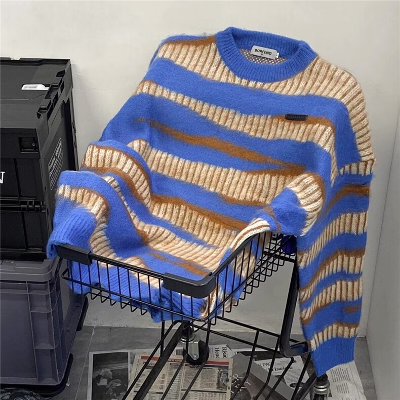美式潮牌不规则条纹毛衣情侣秋冬复古慵懒风宽松针织衫LY2244-P60,男装针织衫/毛衣,星座1008
