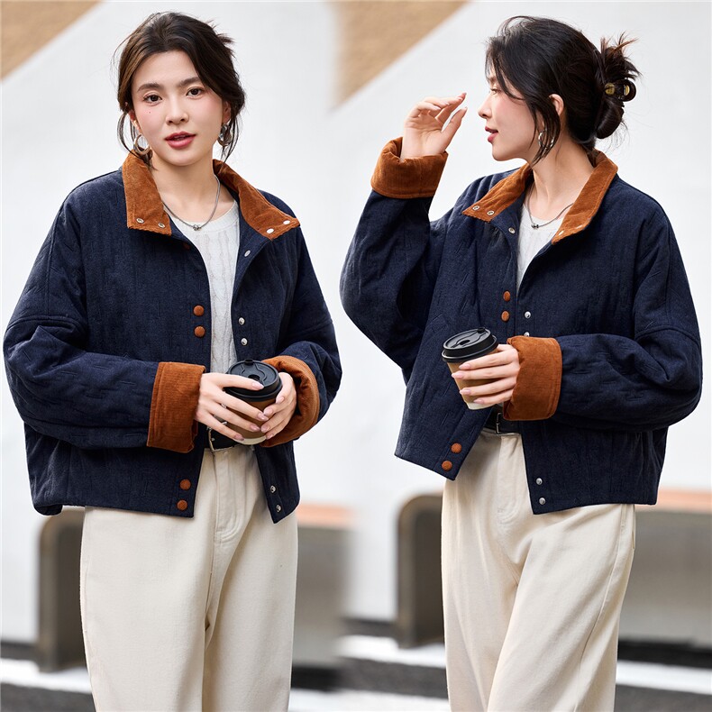 2025年冬季灯芯绒撞色翻领拼接夹棉棉服短外套棉衣，女装棉衣/棉服，简韵佳