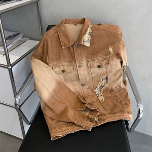 W9488-P80 网图现货 小众设计做旧复古渐变拼接翻领牛仔夹克外套图片