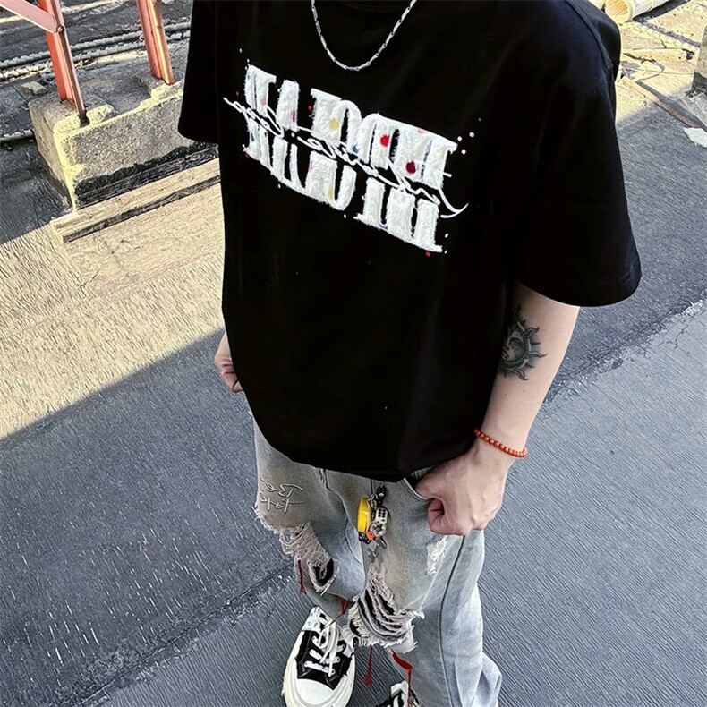 万针全刺绣工艺抖音得物高品质260克重磅纯棉双纱美式高街短袖T恤,男装T恤,电商A486