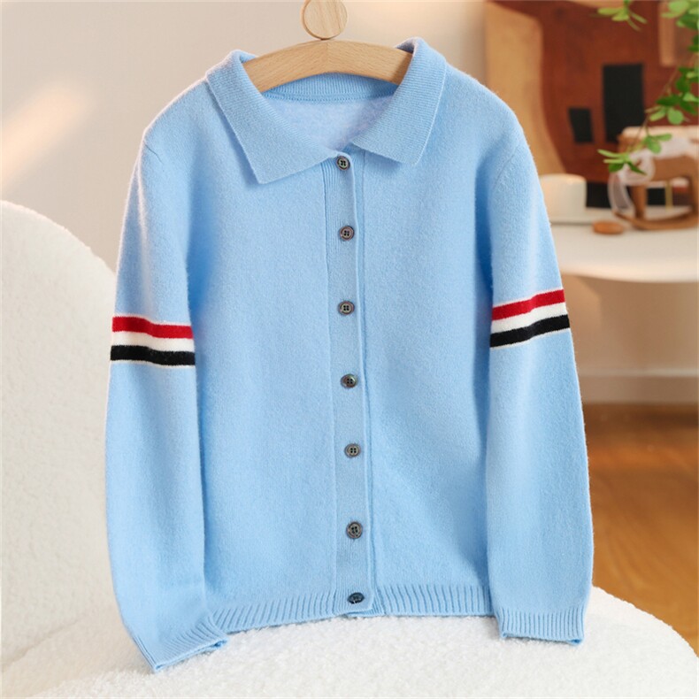 新款必达男孩长袖POLO开衫红蓝条袖羊毛开衫，童装儿童羊毛衫，群鹿羊绒