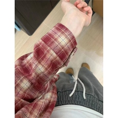 慵懒温柔风长袖polo红色格子衬衫女叠穿宽松遮肉显瘦衬衣外穿上衣，男装衬衫，星座1210-1